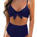 Blooming Jelly Womens High Waisted Bikini Set Tie Knot High Rise Two Piece Swimsuits Bathing Suits (Medium, Navy)