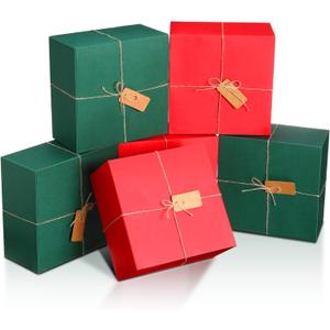 Lincia 24 Set 8'' x 8''x 4'' Christmas Gift Boxes Square Cardboard Box with Lid Bulk Bridesmaid Proposal Square Gift Box with Jute Rope and Tag for Women Present Wrapping(Green, Red)