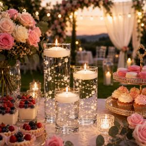 Centerpieces for Tables 24PCS, Floating Candles, Glass Vases, Pearl Strings