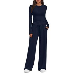 Trendy Queen Women's 2 Piece Matching Lounge Sets Fall Fashion Two Pieces Sweat Outfits Long Sleeve Wide Leg Pants Tracksuits L