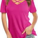 Amoretu Womens Summer Tops V Neck Criss Cross Short Sleeve Basic Plain Tee T-Shirt (Small)