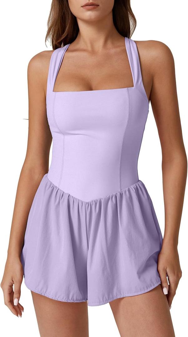 QINSEN Women's Square Neck Sleeveless Romper Jumpsuit Casual Summer One Piece Outfit with Pocket (Large, Light Purple)