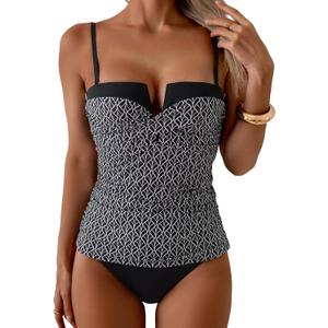 Aidonger Women's Tankini Push Up Wrap Front Swimsuit Two Piece Tummy Control Slimming Bathing Suit with High Waisted Bottom (Black, XL)