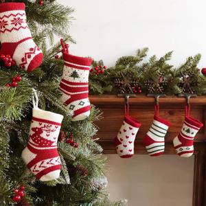 LimBridge Mini Christmas Stockings, 7 Inchs Knitted Christmas Stocking Cute Holiday Decorations, 6 Pack Xmas Stockings, Burgundy, Green, Ivory White