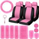 Riakrum 20 Pcs Car Seat Covers Full Set Car Accessories Includes Seat Protectors Fluffy Steering Wheel Cover Belt Shoulder Pads Handbrake Gear Cover Armrest Pad Women Men(Pink and Black)