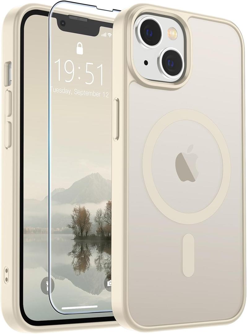 SUPFINE Magnetic for iPhone 14 Case & iPhone 13 Case (Compatible with MagSafe)(Military Grade Drop Protection) Slim Translucent Matte Shockproof Phone Cover,Antique White
