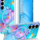Magnetic for Galaxy S26 Case with Invisible Ring Stand[Compatible with MagSafe] Full Body Slim Women Girl Shockproof Marble Pattern Design Case for Samsung Galaxy S26,Blue/Pink