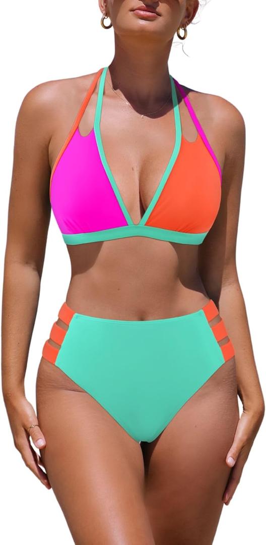 popvil High Waisted Bikini Sets for Women Two Piece Swimsuit Halter Top Bathing Suit (Large, Color Block)
