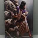 Framed Jesus and Lamb Canvas Wall Art16x24 inches Can Be Hung Directly | Jesus Saves Lost Lamb Christian Painting, Shepherd Protect Lamb from Wolves, For Living Room Bedroom Decor