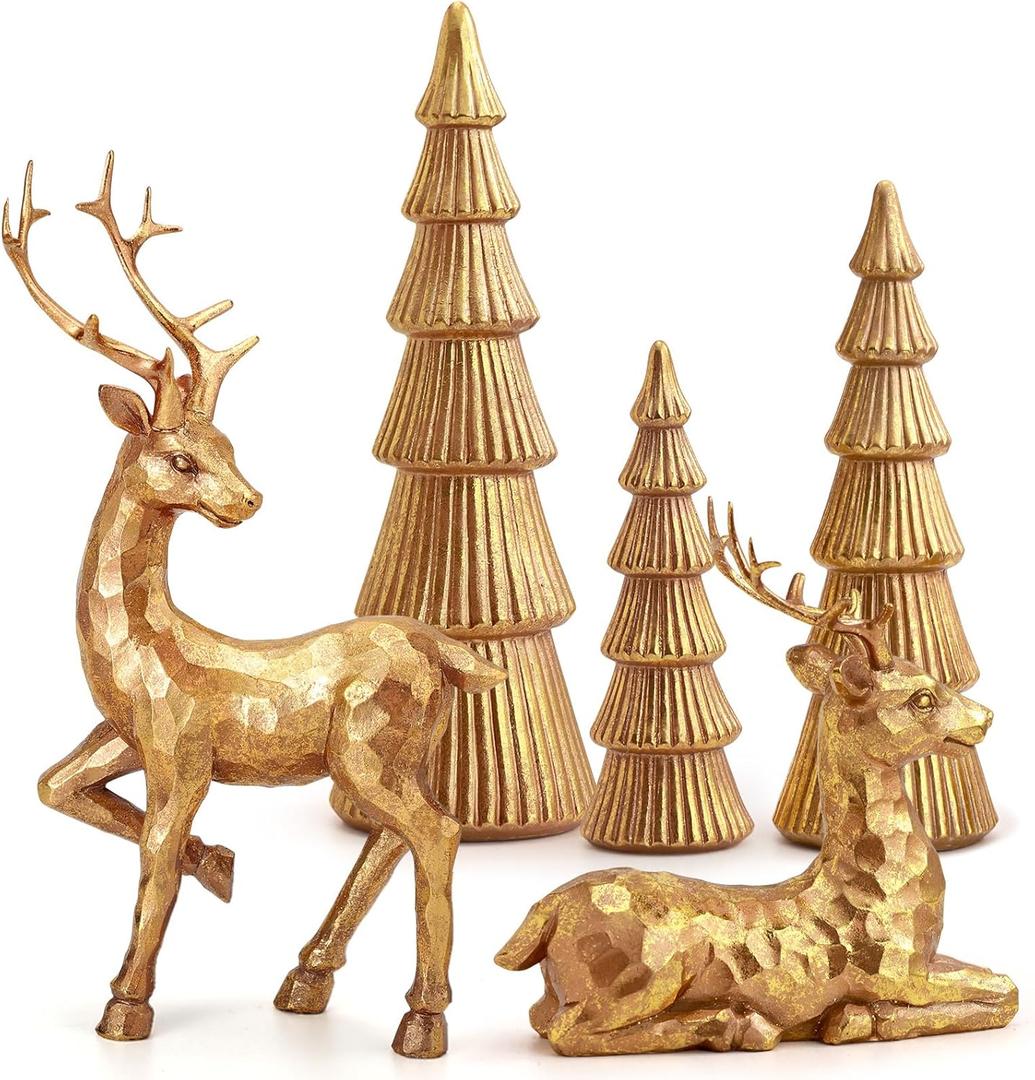 Hommtina Reindeer Christmas Decoration and Mini Trees, Lucky Reindeer Statues for Indoor Home Decor, Tabletop Mantle Cabinet Desktop Office (Rose Gold)