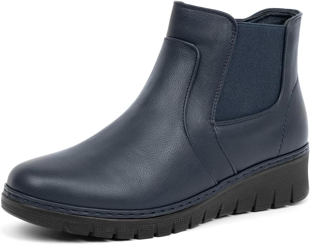 VJH confort Womens Ankle Boots, Comfort Round Toe Lightweight Wedge Chelsea Booties with Arch Support (8.5, Navy)