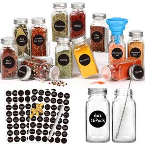 AuroTrends Spice Jars with Labels 6oz 16Pack, Glass Spice Jars with Shaker Lids Complete Set-6oz Seasoning Containers with 180 Waterproof Spice Labels |Chalk Marker |Straw Brush |Funnel