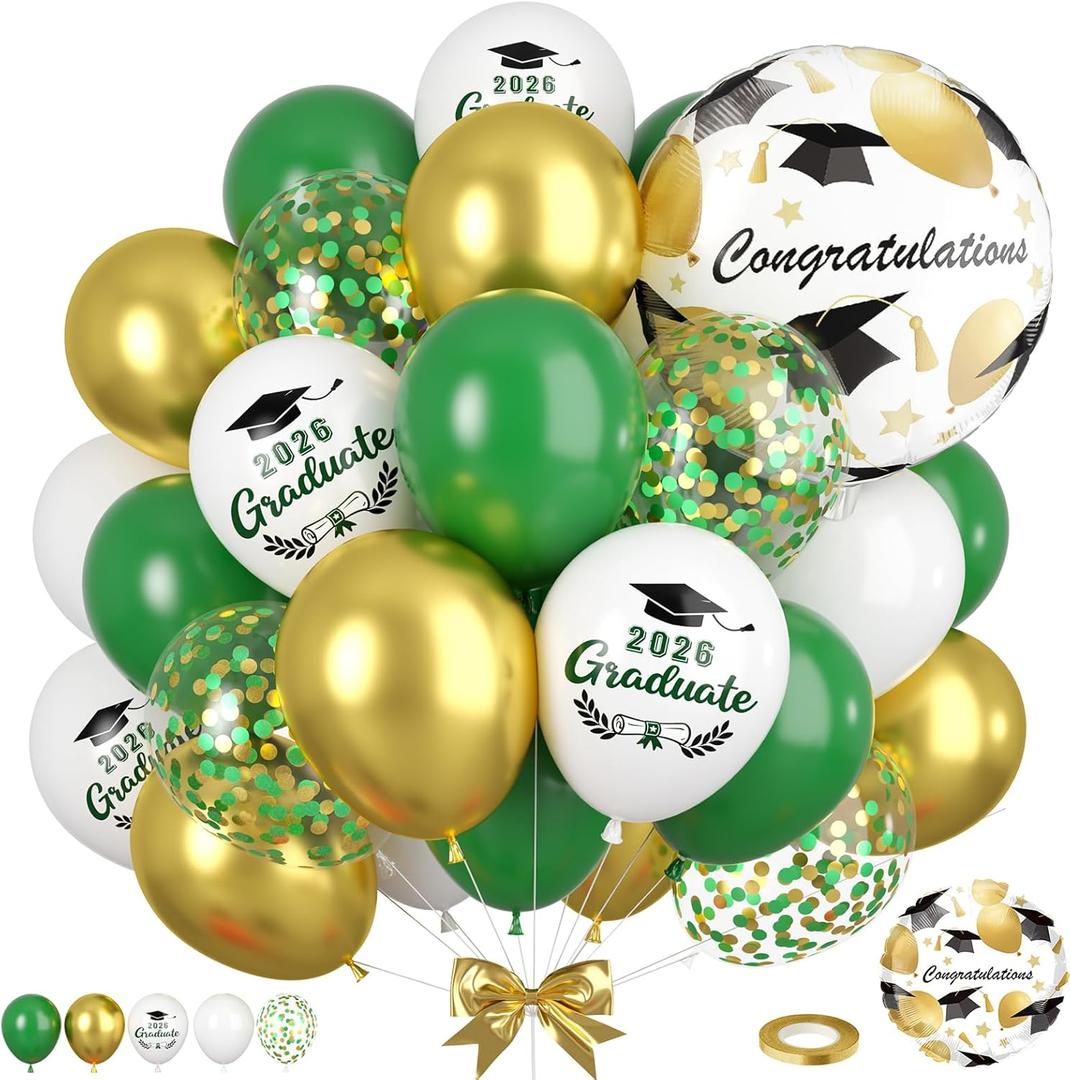 50pcs Green Gold Graduation Balloons, White Metallic Golden Balloon with 2026 Printed Foil Balloons, Green Gold Confetti Balloon for Class of 2026 Graduation Decorations Celebration Party