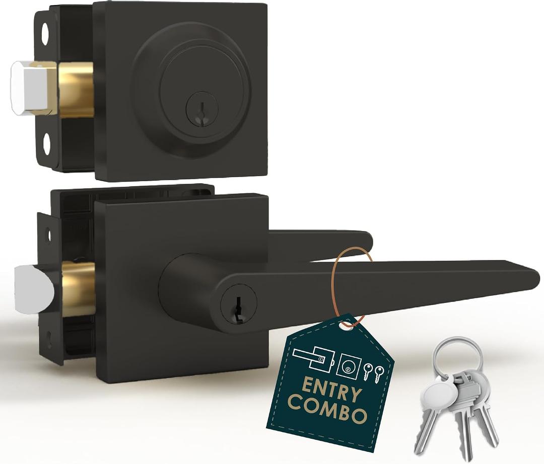 Mega Handles Schein Entry Door Handle & Deadbolt Lock - 1 Pack Reversible Heavy Duty Black Door Handle & Deadbolt Combo for Interior/Exterior Doors, Fits All Standard Door Sizes - Matte Black