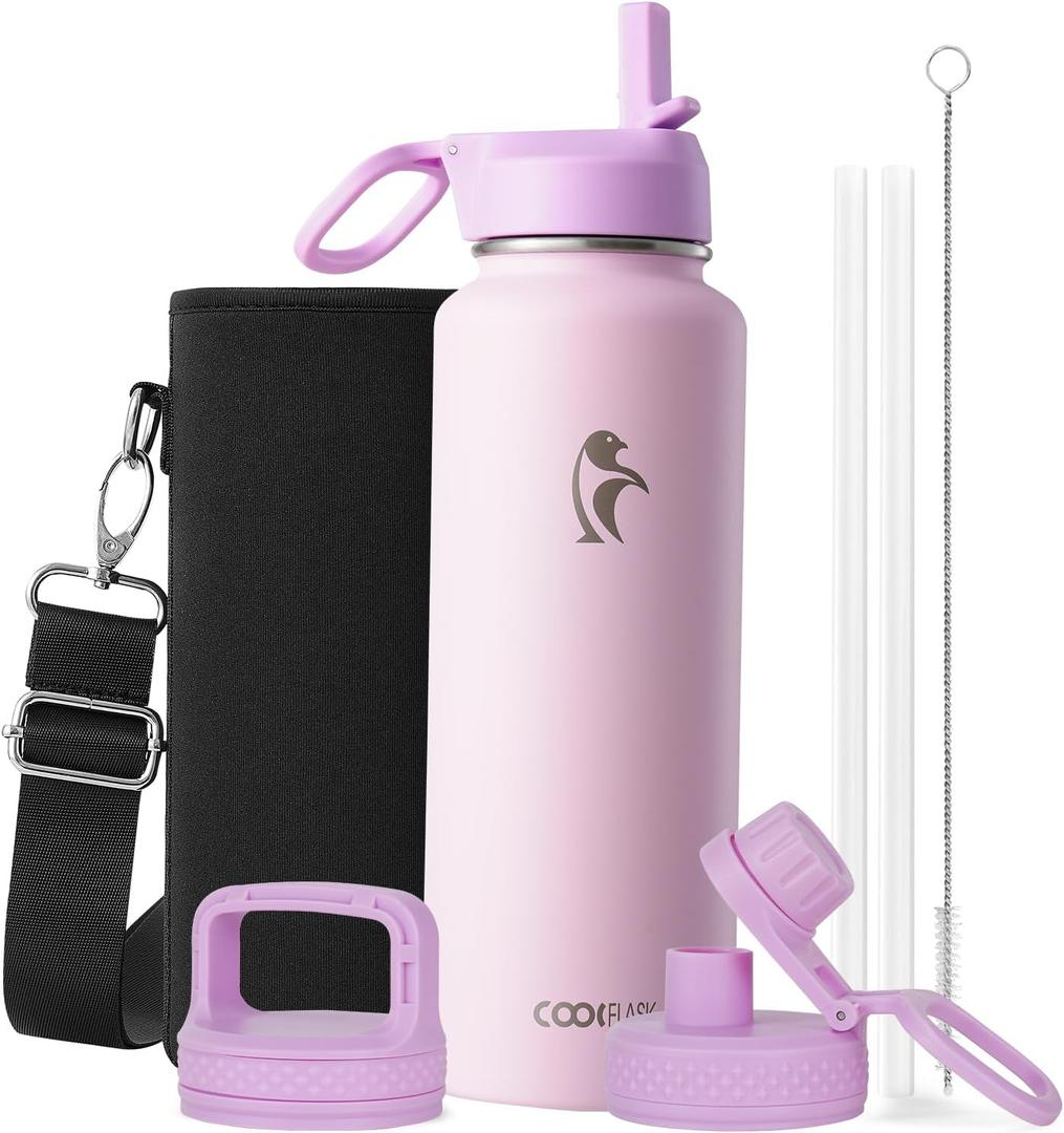 Coolflask Water Bottle 40 oz Insulated with Straw, Stainless Steel Metal 3 Lids Water Flask for Sports or Office, Keep Cold 48H Hot 24H, Pink