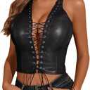Waist Wow Women's PU Leather Halter Top Lace Up Front Crop Tank Tops Sleeveless Backless Sexy Corset Camisole Party Clubwear, Black, X-Large