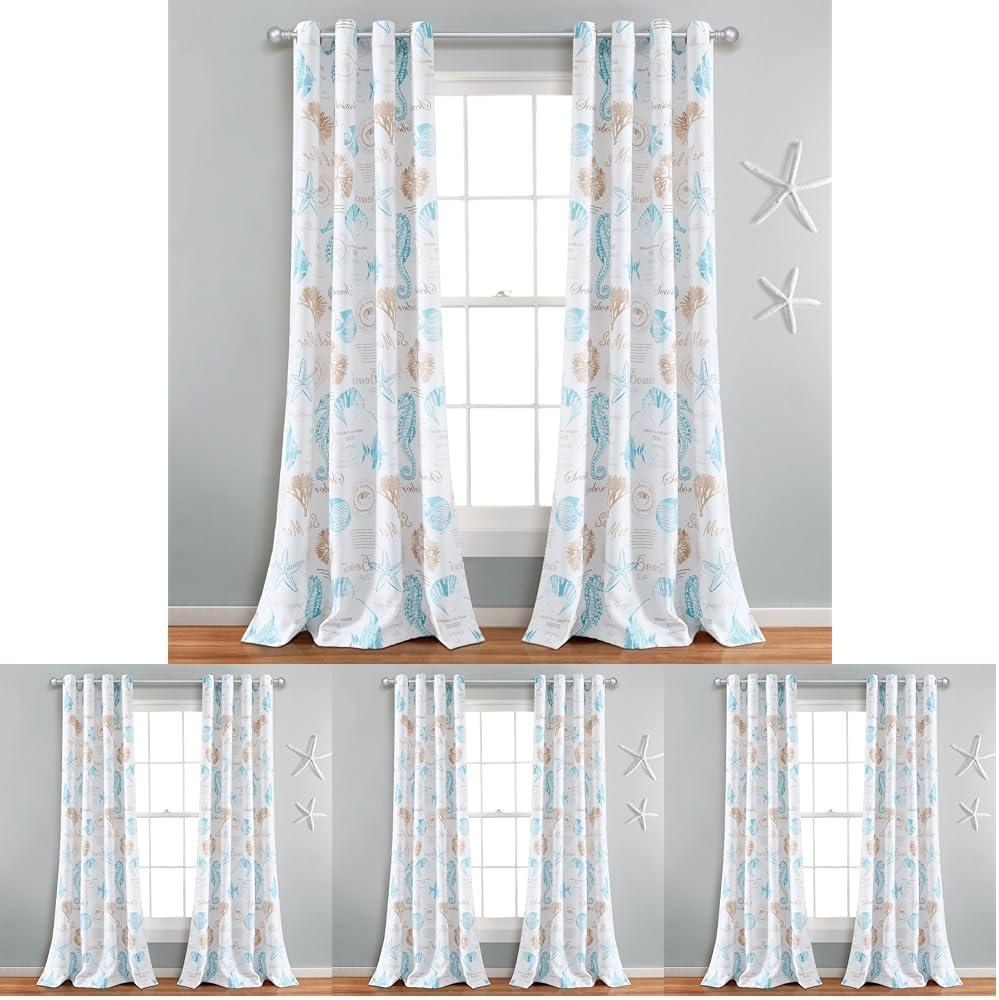 Lush Decor Harbor Life Light Filtering Window Curtain Panels, Pair, 52" W x 84" L, Blue & Taupe - Seahorse & Seashell Nautical Coastal Curtains - Beachy Curtains (Pack of 8)