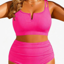 Women Plus Size High Waisted Bikini - Ribbed Two Piece Swimsuit Tummy Control Bathing Suit V-Wired 2025 Swimwear 18 plus, Size S