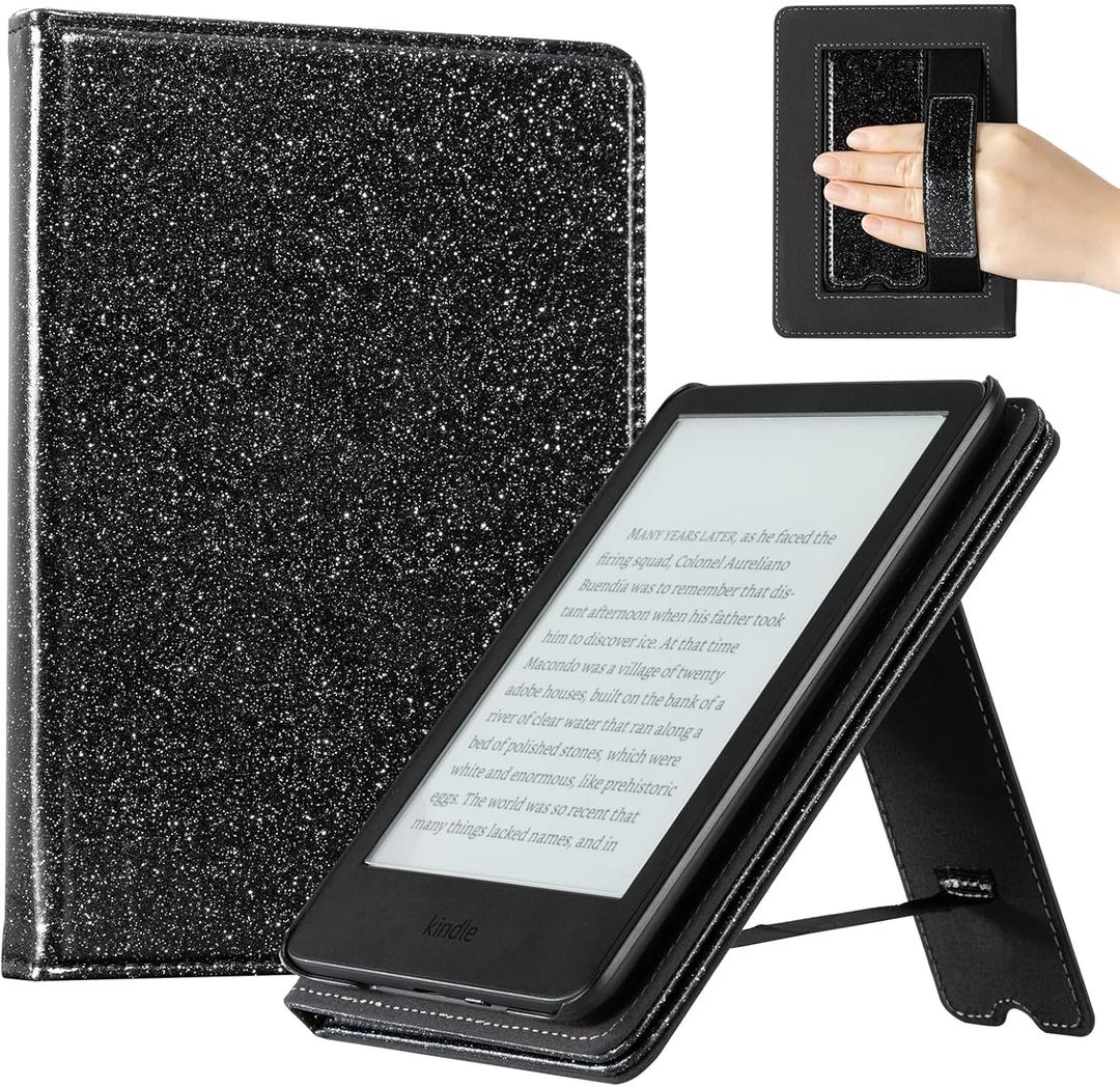 CoBak Case for 6" E-Reader - PU Leather Smart Cover with Auto Sleep/Wake & Hand Strap, not Compatible with Kobo Clara, Black Glitter