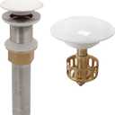 Vessel Sink Drain Without Overflow, White Pop-Up Drain with Basket Stopper, Bathroom Vanity Ceramic Brass Strainer Hair Catcher, Anti-Clogging Brushed Nickel, Porcelain Cap