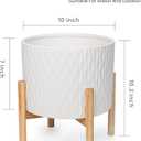 LaDoVita Ceramic Plant Pot with Stand, 10 Inch Planter with Wood Shelf, Modern Round Flower Pots Indoor with Wood Planter Holder, White Water Ripple Pattern