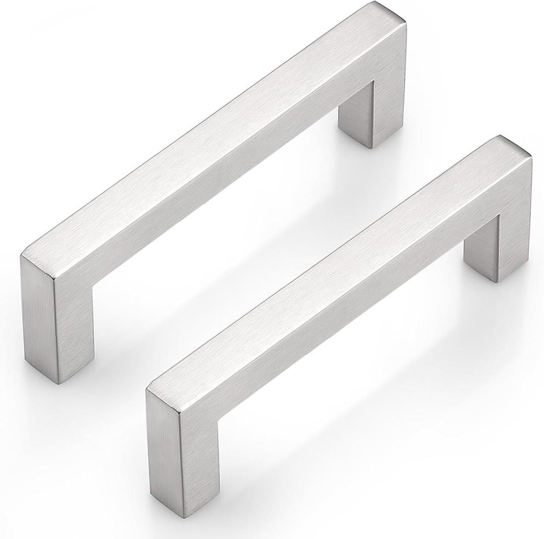 Probrico 25 Pack Square Cabinet Pulls 4 Inch Brushed Nickel Cabinet Handles for Kitchen, Silver Kitchen Hardware for Cupboard, Modern Stainless Steel Drawer Pulls Drawer Handles Inside (hole center 4")
