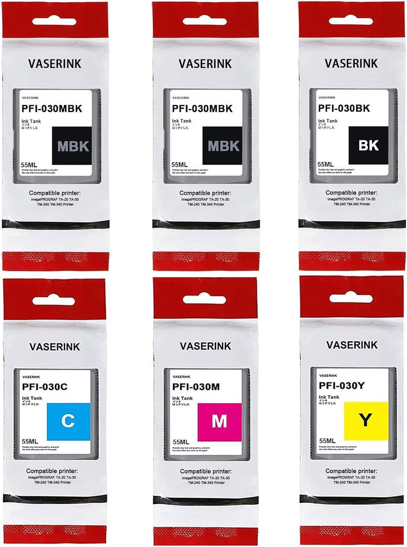 PFI-030 Ink Cartridge 55ml Replacement for Canon PFI-030 Pigment Ink Tank Work for imagePROGRAF TA-20 TA-30 TM-240 TM-340 Printers（6-Pack, 2MBK/BK/C/M/Y）