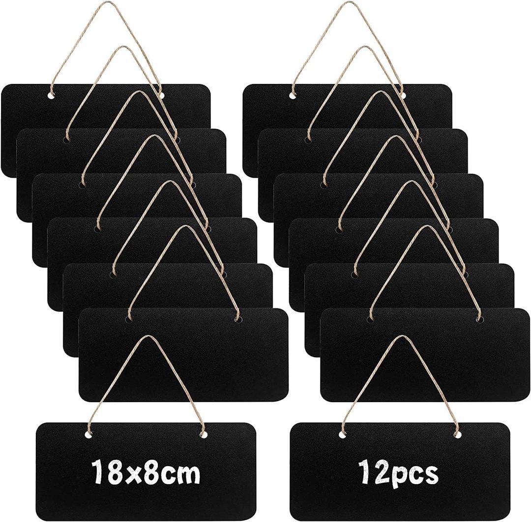 12 Rectangular Chalkboard Signs, Hanging Signs for Office, Welcome & Message Boards, 7x3 Inch Blanks