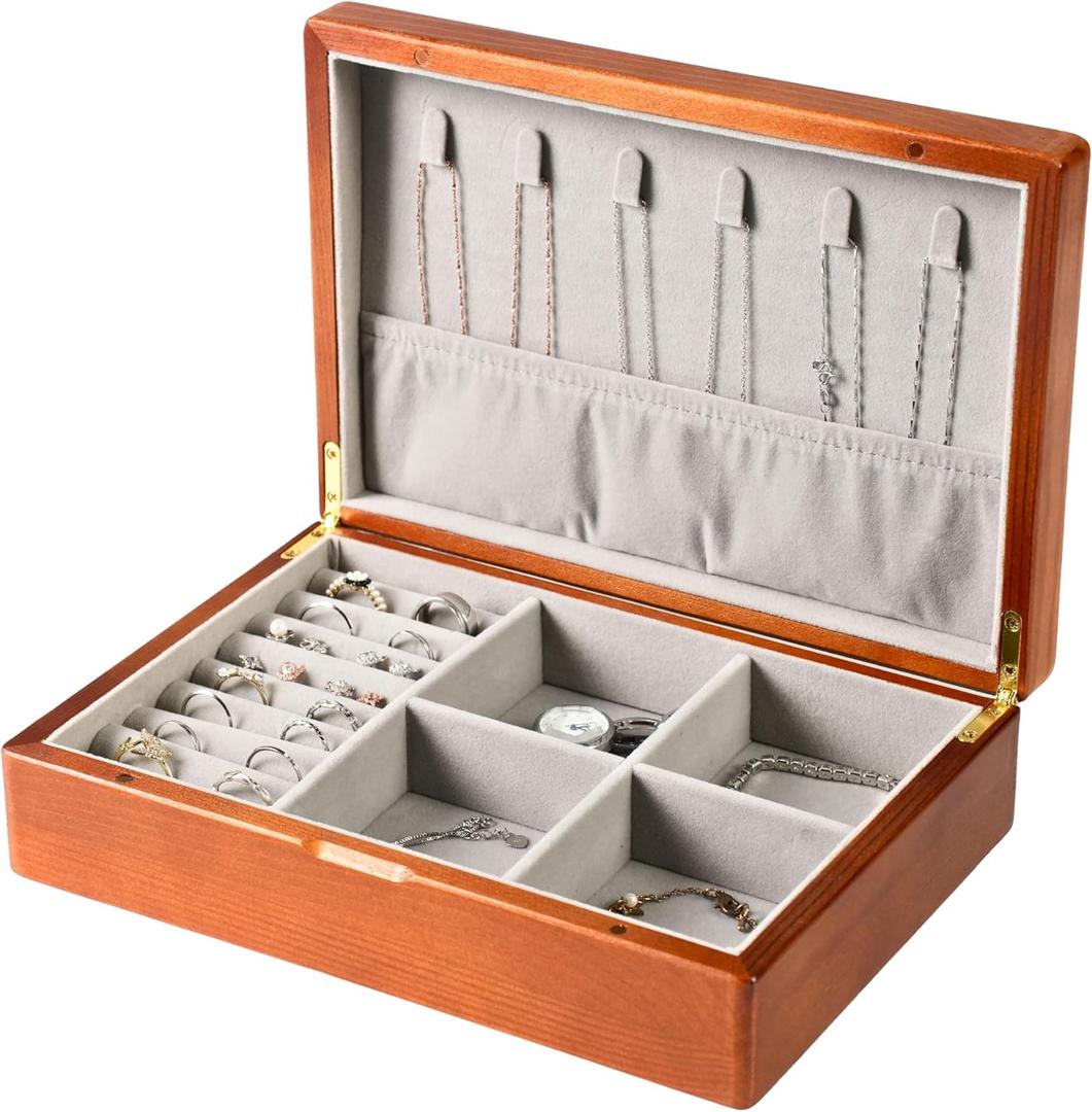 Wooden Jewelry Box for Women, Medium Size Real Natural Solid Wood Antique Organizer with Earring Storage, Ring Compartments, Built in Necklace Hooks, ek11-m (Brown)