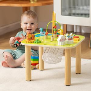 Baby Activity Table for Toddlers 1-3, 7 in 1 Wooden Montessori Activity Center Play Table with Train & Bead Maze & Sensory Toys, Early Developmental for 1+ Year Old, 1st Birthday Gifts