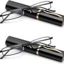 Viseng Slim Mini Metal Reading Glasses Compact Lightweight Portable Readers with Glasses Case for Reading Case,Black+Black+2.0