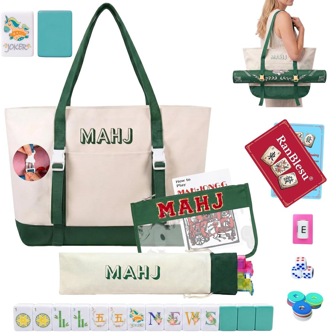 American Mahjong Tile Set, 166 Premium Green Tiles, 4 All-in-One Color Racks/Pushers, Mahjong Accessories Mahjong Set Complete with Bag (Ma Jong, Mah-Jongg, Majiang)