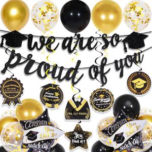 Graduation Decorations 2025, Class of 2025 Decorations with We Are So Proud of You Banner and Graduation Balloons, Congrats Hanging Swirls