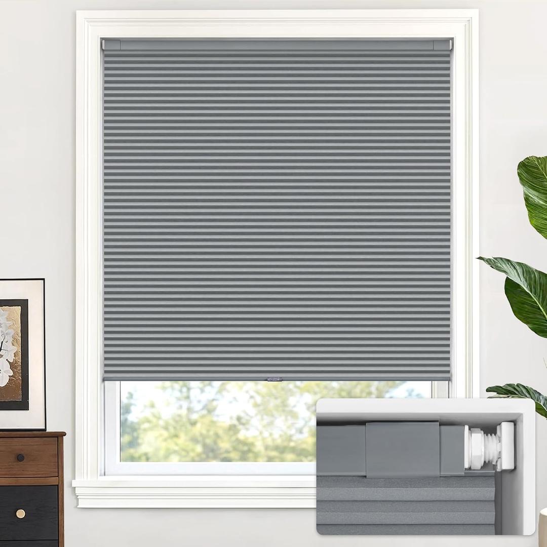 LazBlinds Cordless Cellular Shades, No Tools No Drill Blackout Honeycomb Shades Pleated Blinds for Windows, 22'' W x 48'' H, Dark Grey