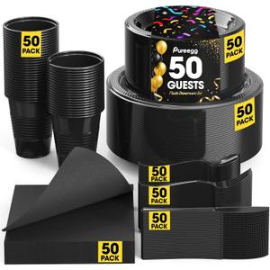 Pureegg Black Plastic Plates Set - 350 Pcs Complete Dinnerware Sets for 50 Guests, Disposable Plates, Utensils, Cups, Napkins Included, for Party, Gathering, Wedding, Daily Use