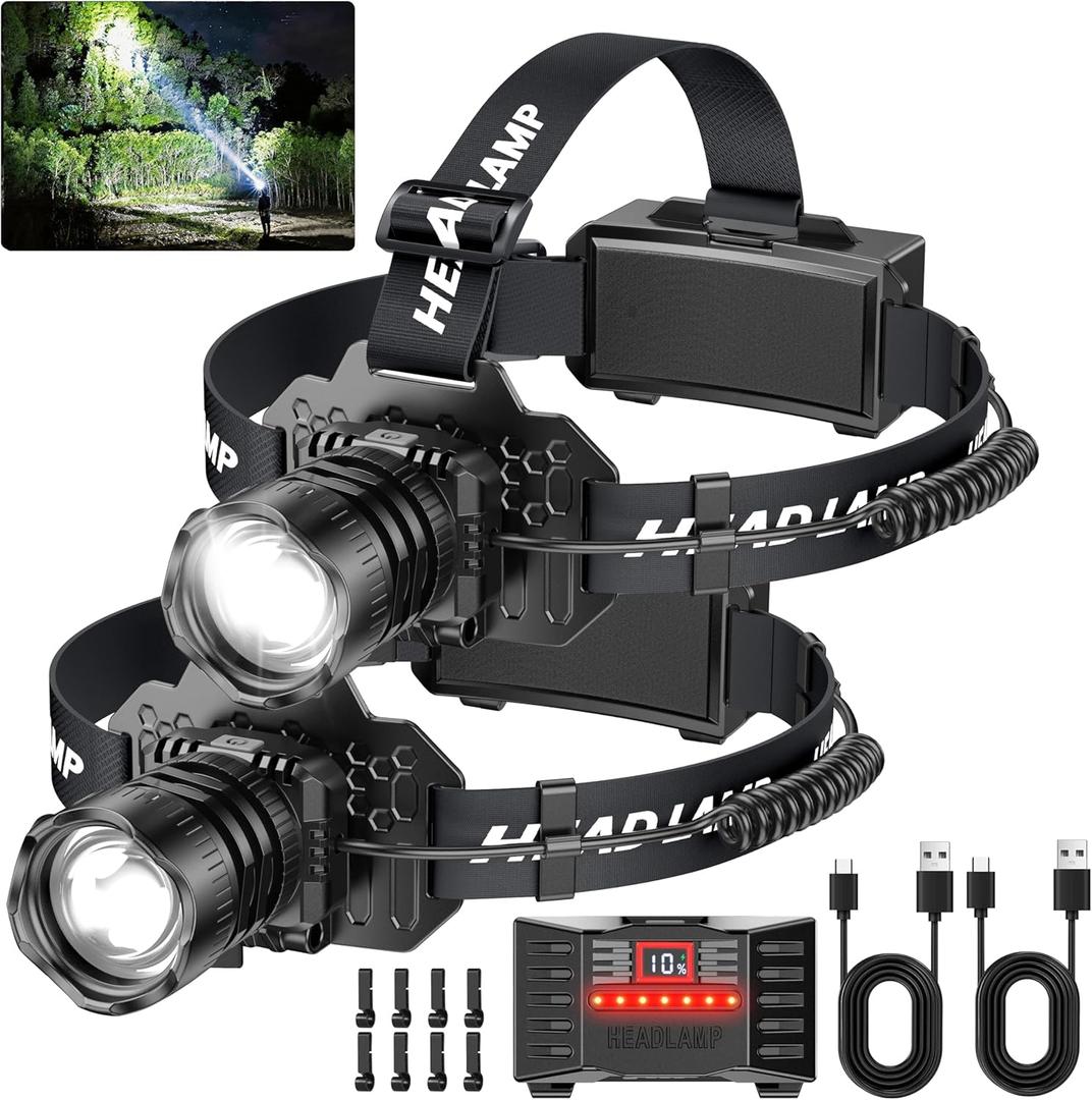 Curtsod Rechargeable LED Headlamp 2-Pack - 99000 Lumens Super Bright with Motion Sensor & 90° Rotation - Waterproof Headlight for Camping, Hiking, Running - 3 Light Modes