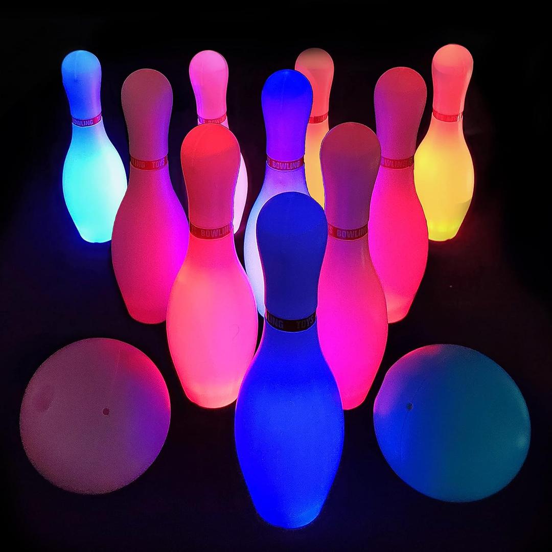 OceanWings Kids Light up Bowling Ball Toys Set,Bowling Pins Toy Game with 10 Pins & 2 Balls Fun Sports Games for Grandkids Kids Toddler Indoor & Outdoor Boys Girls Children 3 4 5 6 Years (White)