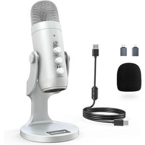 ZealSound USB Microphone,Condenser Computer PC Mic,Plug&Play Gaming Microphones for PS 4&5.Headphone Output&Volume Control,Mic Gain Control,Mute Button Vocal,YouTube Podcast on Mac&Windows(Silver)
