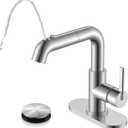 KENES Single Hole Bathroom Faucet with Pull Out Sprayer, Brushed Nickel Single Handle Pull Down Bathroom Faucets, Vanity Faucet with Pop Up Drain & Deck Plate, LJ-9055A