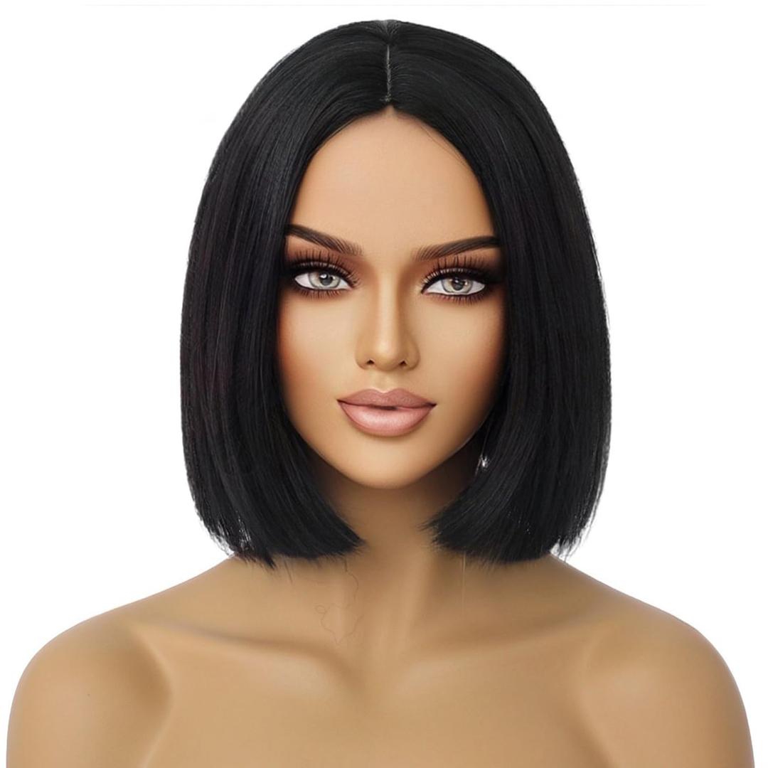 Black Bob Wig for Women Short Black Wigs Straight Middle Part Black Hair Wig Natural Looking Heat Resistant Synthetic Wigs