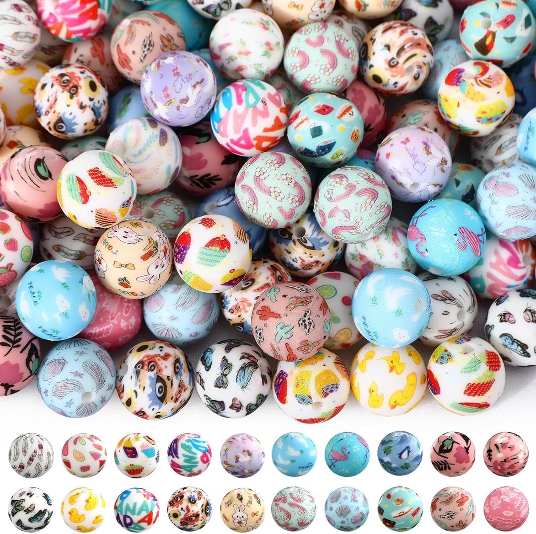 Ferreve 120 Pcs 15mm Silicone Beads Bulk Silicone Beads Print Rubber DIY Bracelet Making Kit for Keychain Making Pens Necklace Jewelry(Lovely)