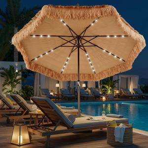 CroBlissful 10 Ft Solar Tiki Umbrella, 32 LED Lights Patio UPF 50+
