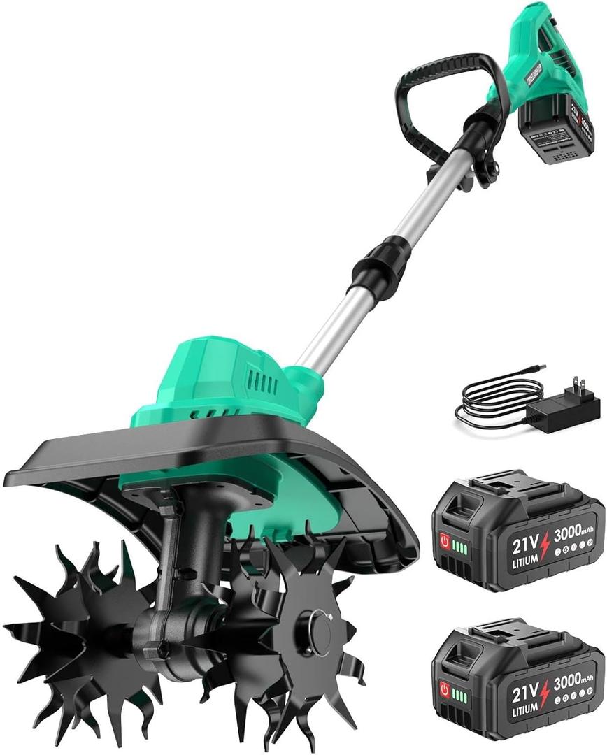 21V Cordless Tiller Cultivator for Gardening, 350 RPM Electric Garden Tiller with 2×3.0Ah Batteries, 9-Inch Tilling Width 7-Inch Depth Lightweight Hand Tiller for Soil Cultivation, Lawn, Composting