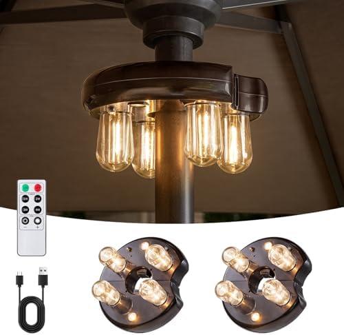OPOIRA Patio Umbrella Light with Remote Control, Rechargeable Cordless LED Edison Bulbs Pole Light with 10 Brightness Levels for Garden, Patio, Backyard, Camping or BBQ - Brown (2 Pack)