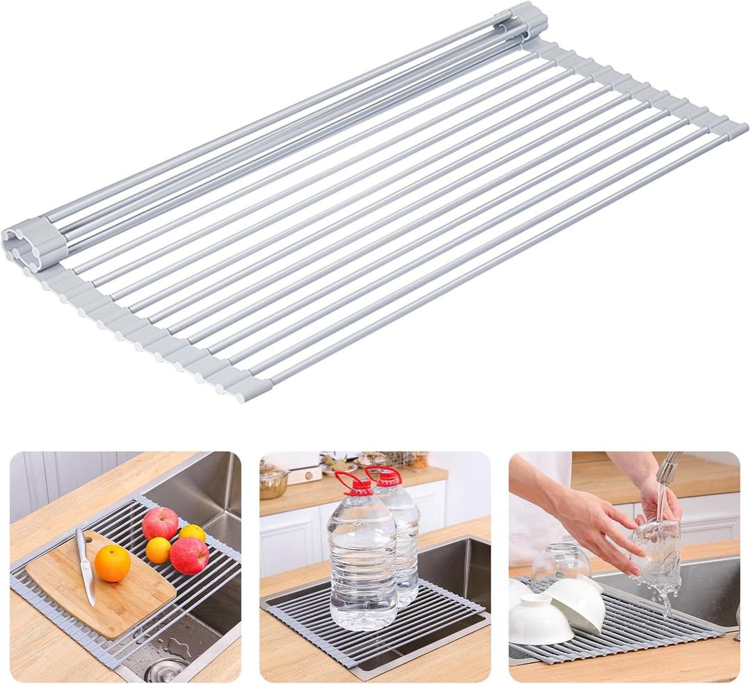 Roll Up Dish Drying Rack Tray Over Sink Detachable Foldable Collapsible Stainless Steel Multipurpose Kitchen Foldable Stainless Steel Drainer (17.5 * 13inch)