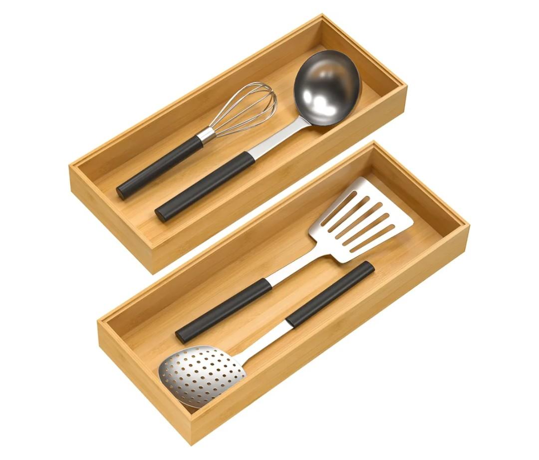 VeyFey Bamboo Drawer Organizer, Stackable Utensil Organizer for Kitchen, Bamboo Storage Box Wood Silverware Tray for Drawer 15" x 6" x 2" Set of 2 (Black)