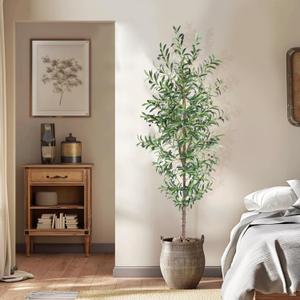 Artificial Olive Tree, 7FT Tall Faux Olive Trees 84in Outdoor Fake Potted Silk Plant with Trunk and Realistic 1048 Leaves and 40 Fruits for Modern Office Home Decor Indoor1pack