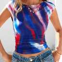 PRETTYGARDEN Women's Summer Floral Mesh Tank Tops 2025 Trendy Casual Cap Sleeve Slim Fitted Blouse Shirt Going Out Outfits (Blue, S)