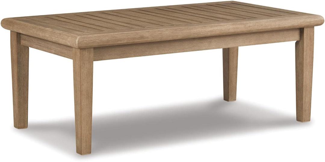 Signature Design by Ashley Wood Outdoor Coffee Table, Grayish Brown Weather resistant eucalyptus wood, 5-step protective coating, Slatted top sheds rainwater, 50-in width, Gerianne Series (	50" W x 26" D x 18.63" H)