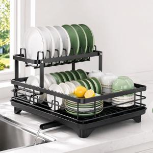 Dish Drying Rack, 2 Tier Space-Saving Dish Rack for Kitchen Counter, Dish Drainer Stainless Steel Rustproof with Drainboard, Utensil Holder, Counter Size